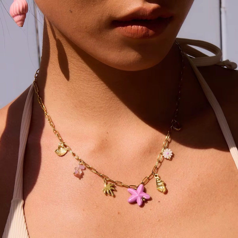 18K Gold Plated Stainless Steel Paperclip  Starfish & Shell Charms Necklace
